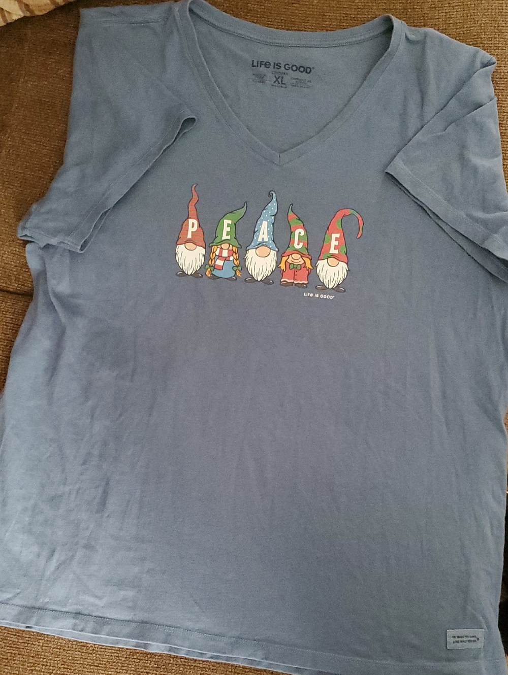 Life Is Good Blue V-Neck Tee with Colorful Gnome 'PEACE' Graphic